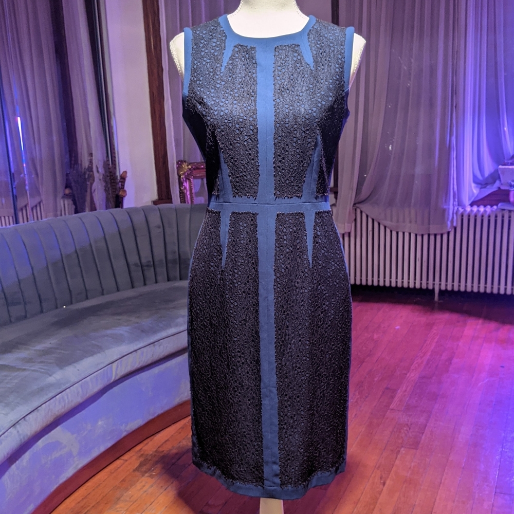 BCBG Navy Sleeveless Dress w/ Black Lace Overlay
